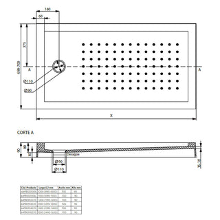 Receptáculo de Ducha con Desague y Soporte 70x9 cm