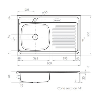 Lavaplatos Sobreponer Inox una Cubeta 80x50 Derecho con Desague