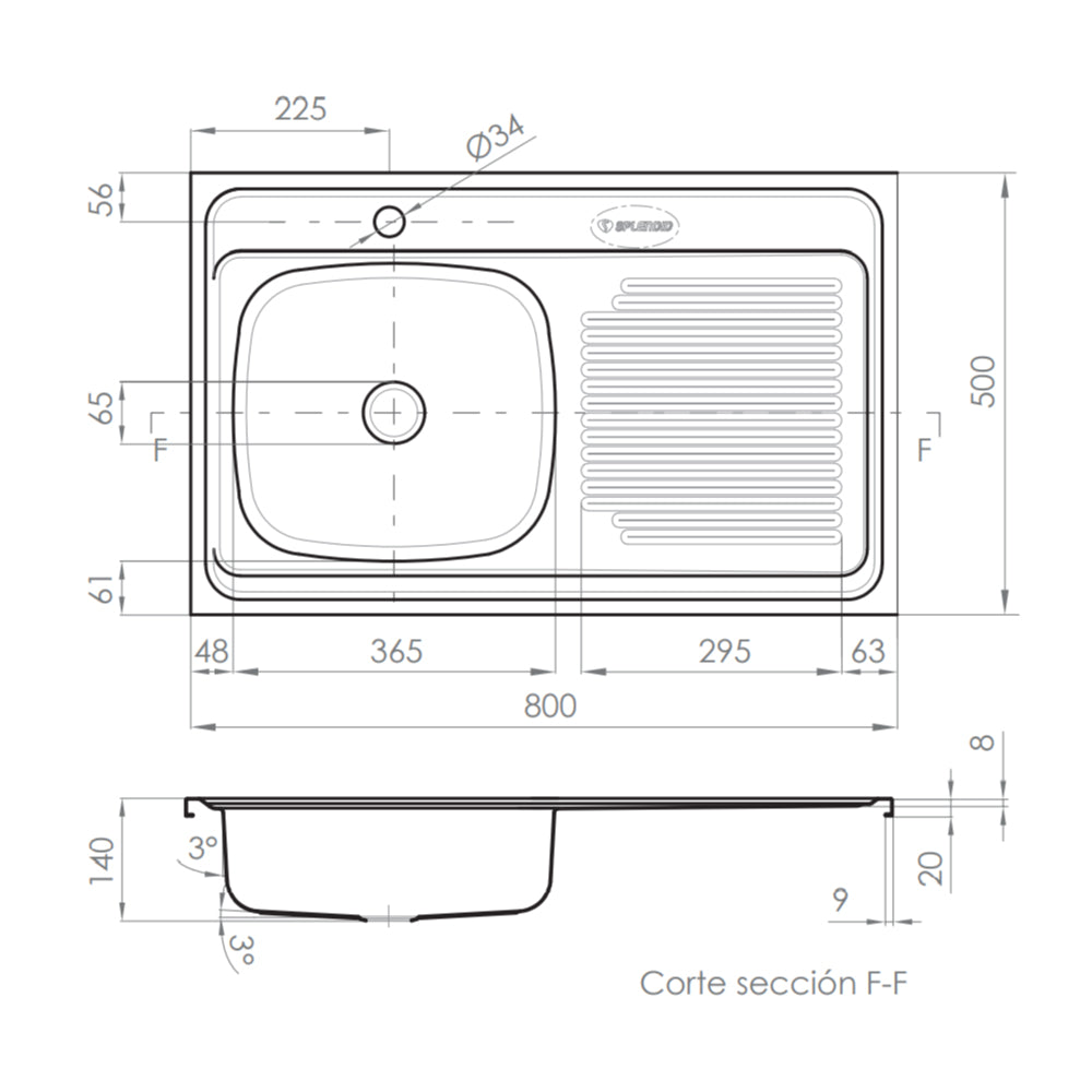 Lavaplatos Sobreponer Inox una Cubeta 80x50 Derecho con Desague
