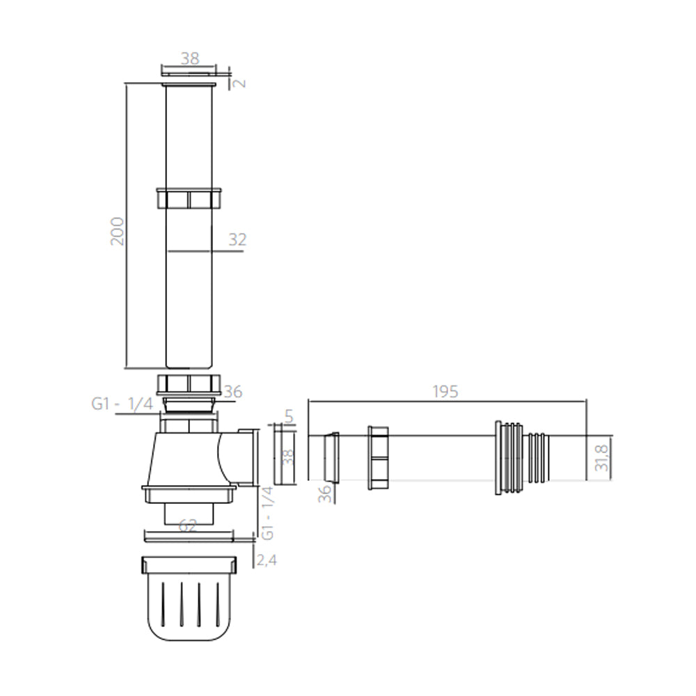 Sifón Lavamanos PP 1 1/4'' con salida recta
