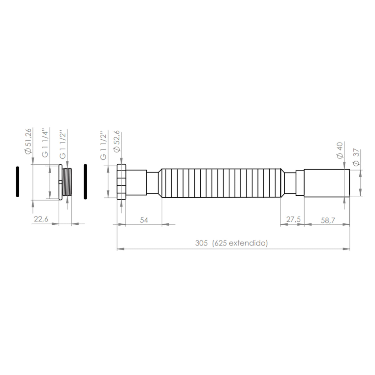 Sifón Flexible Universal 1 1/2" y 1 1/4" con Adaptador y Sujetador
