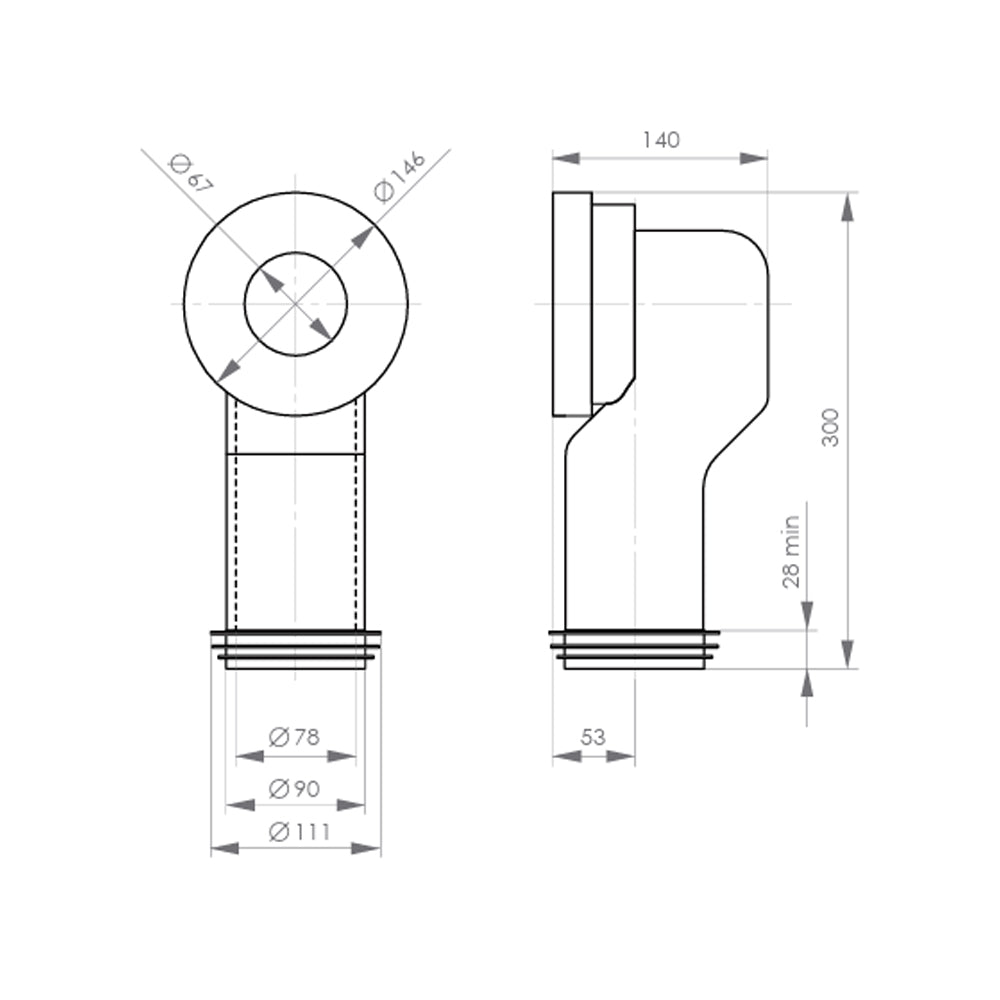 Manguito Adaptador para WC - Salida a Muro 21cm (Horizontal)