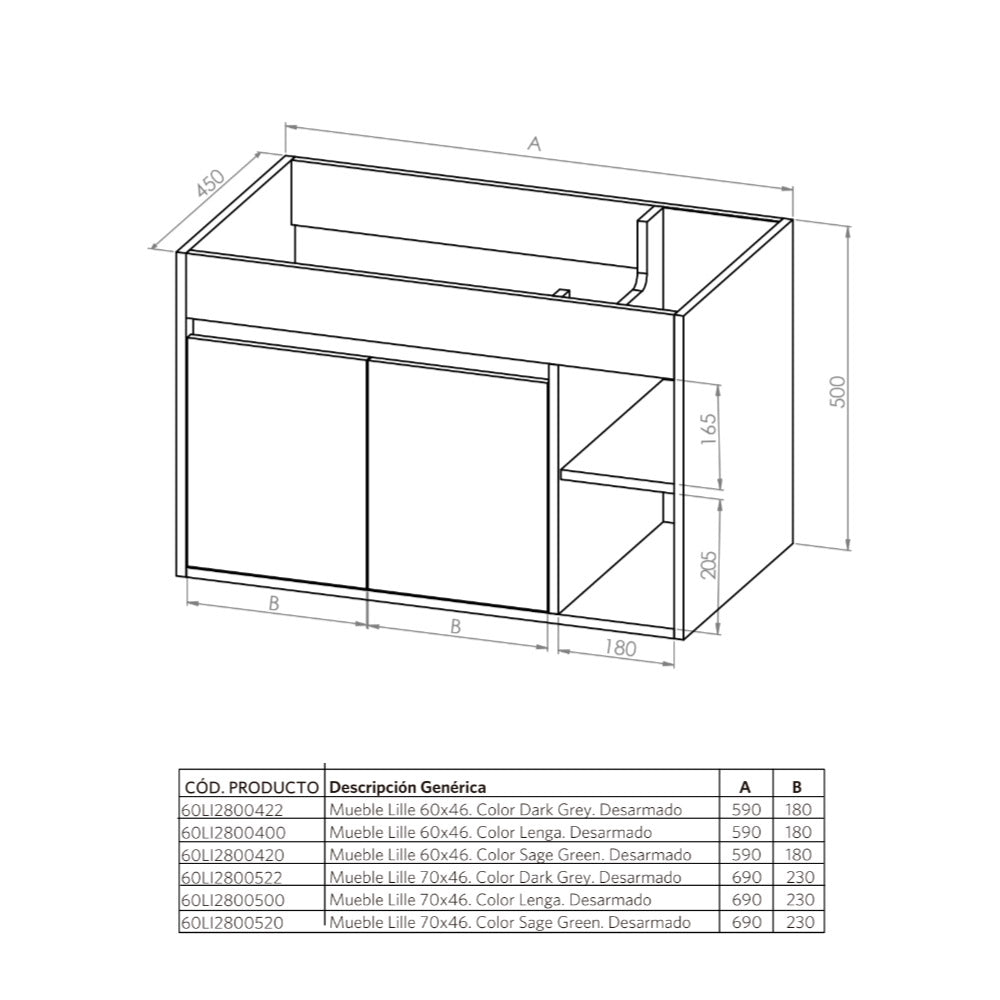 Mueble Vanitorio Lille Dark Grey + Cubierta 60x46x50 cm
