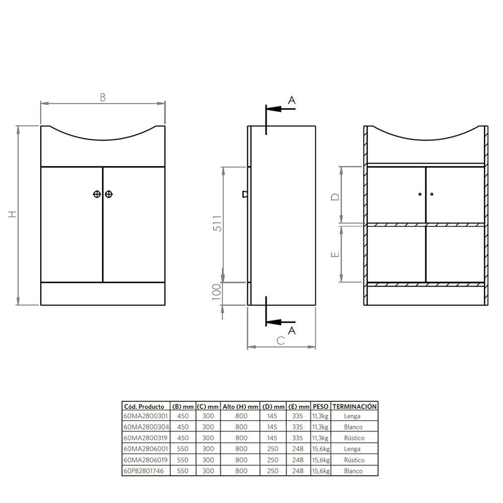 Mueble Vanitorio Marie Rústico + Cubierta 60x43x30 cm