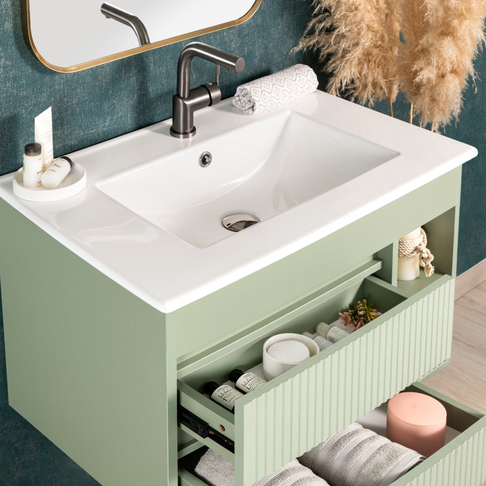 Mueble Vanitorio Paris Texturado Sage Green + Cubierta 70x46x50 cm