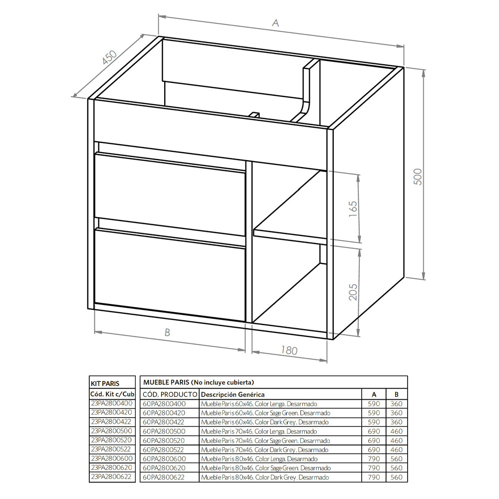 Mueble Vanitorio Paris Lenga + Cubierta 70x46x50 cm