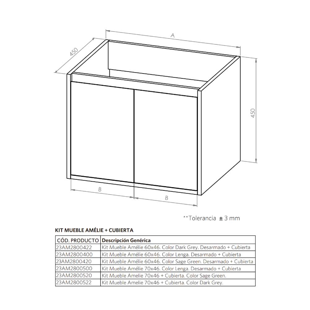 Mueble Vanitorio Amélie Lenga + Cubierta 70x46x45 cm