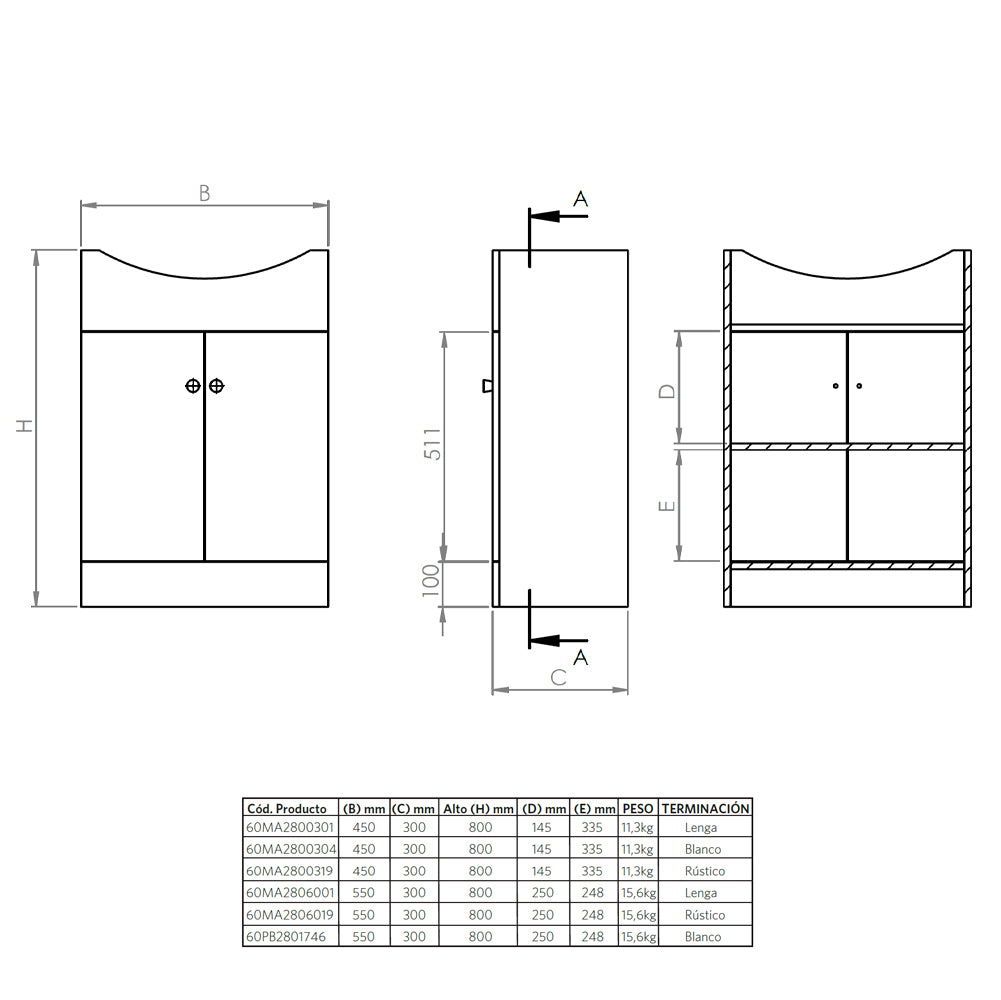 Mueble Vanitorio Marie Lenga + Cubierta 60x46x50 cm