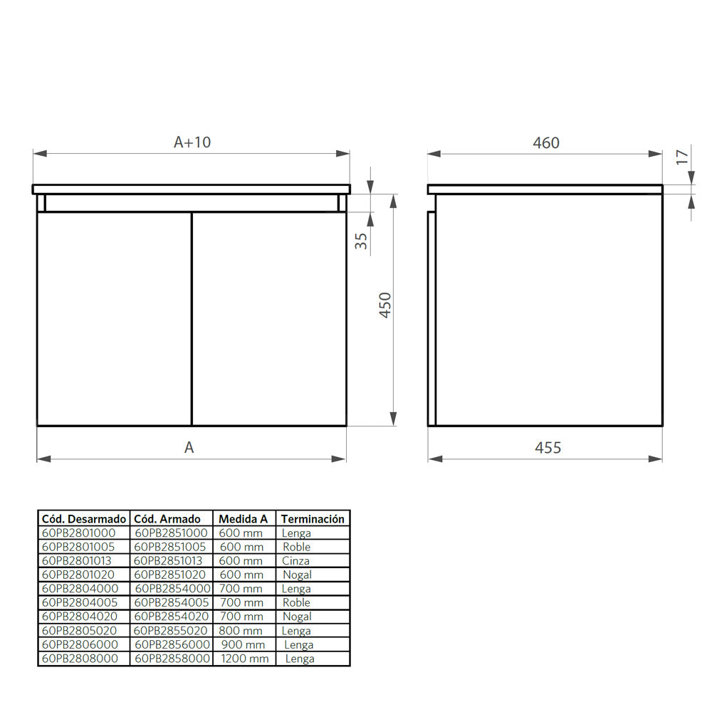 Mueble Vanitorio Ermes Cinza + Cubierta 60x46x50 cm