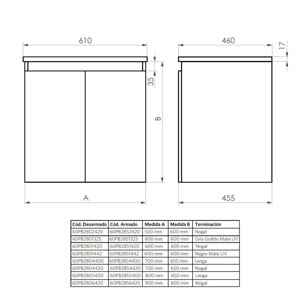 Mueble Vanitorio Completo Mince Lenga 70x46x50 cm sin Cubierta