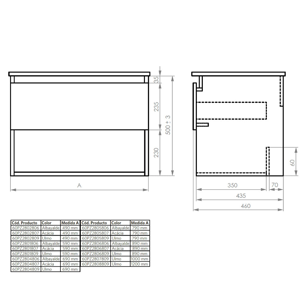 Mueble Vanitorio Zoé Acácia + Cubierta 50x46x50 cm