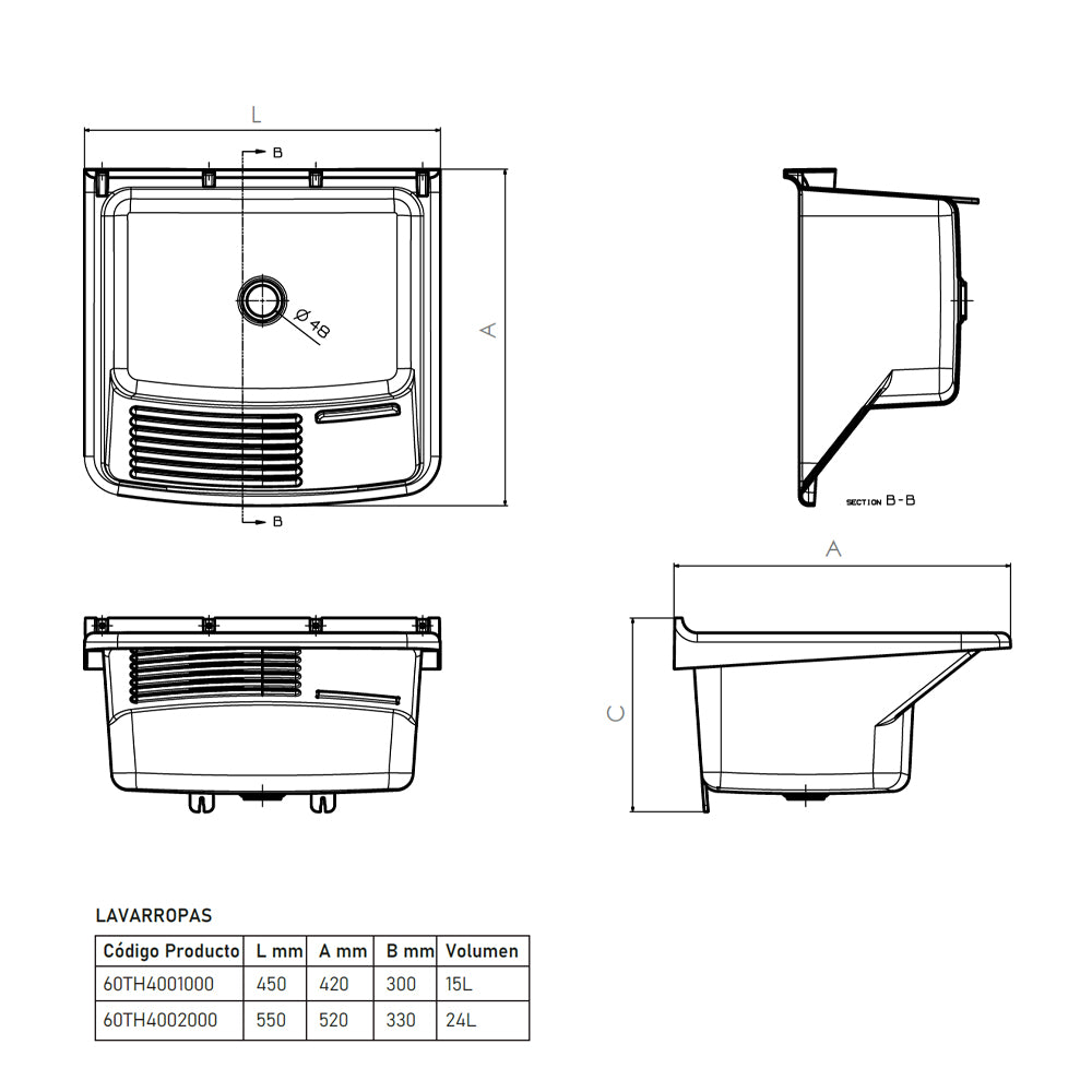 Lavarropas Theos 45 cm - 15 LT