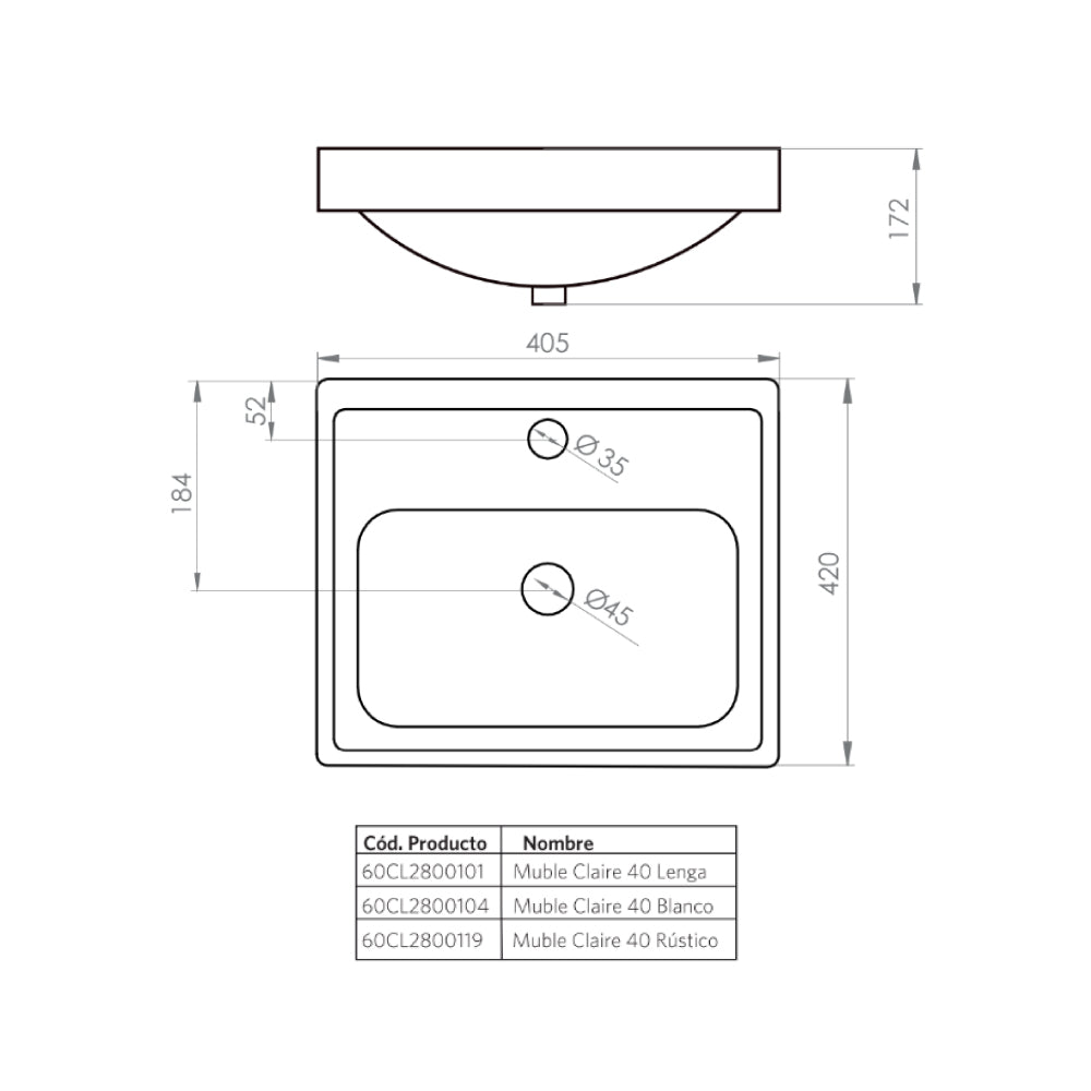 Mueble Vanitorio Claire Blanco + Cubierta 40x86x33 cm