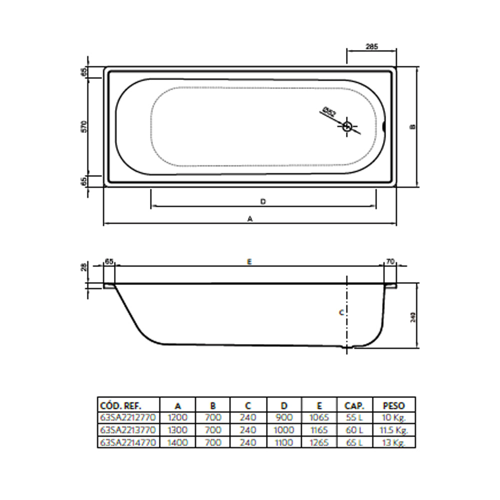 Tina Acero Antideslizante Atenas 130x70x24cm (1.3mm)