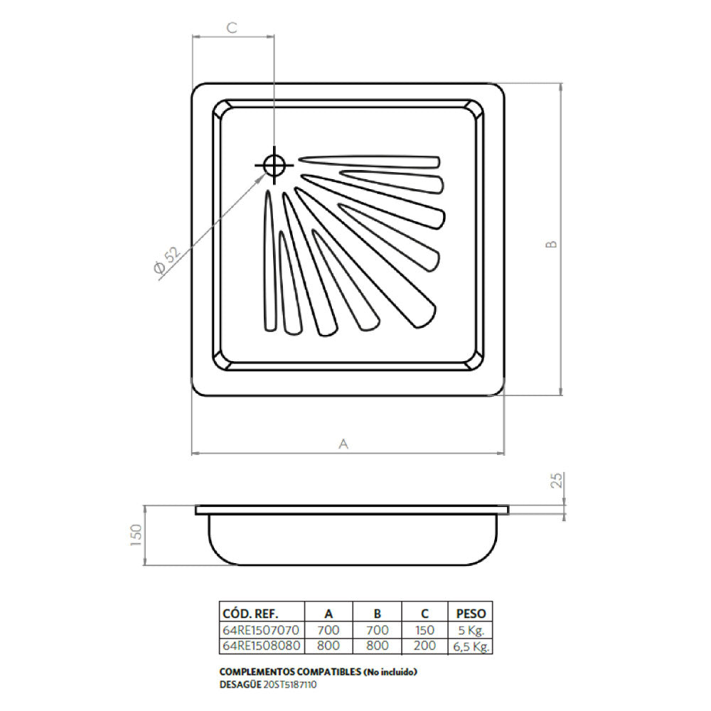 Receptáculo de acero esmaltado 15 cm Atenas sin Desagüe