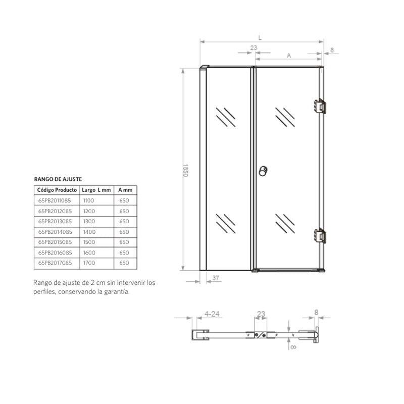 Mampara Abatible 185x110 cm Vidrio 8 mm Perfil Cromado