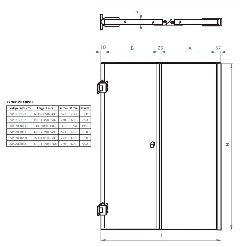 Mampara Abatible 120x185 cm Vidrio 8 mm Perfil Cromado