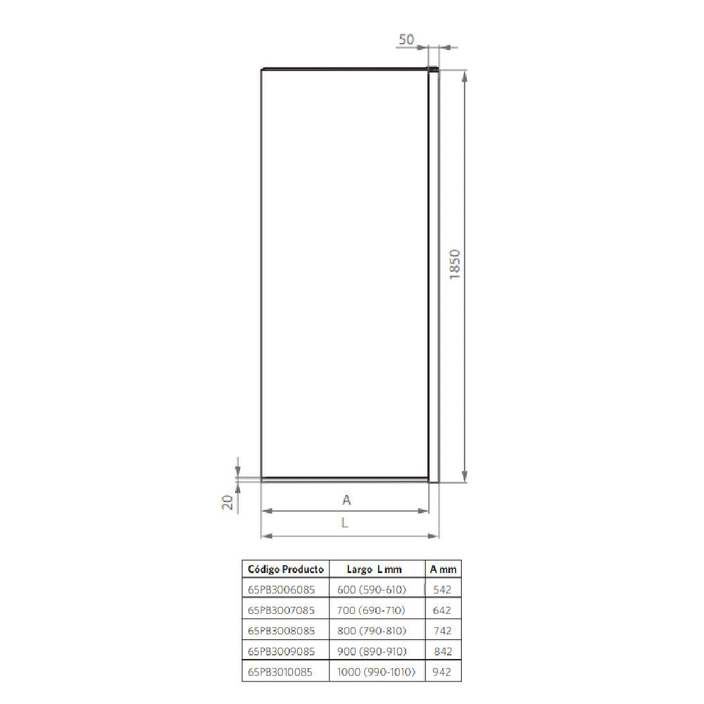 Mampara Hoja Fija 70x185 cm Vidrio 8 mm Ajustable ±1 cm