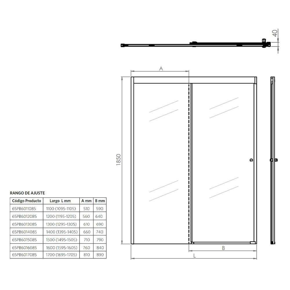 Mampara Corredera Hera 130x185 cm Ajustable ±1 cm Cromado