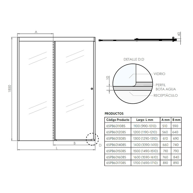Mampara Corredera 170x185 cm Ajustable ±3 cm Cromado