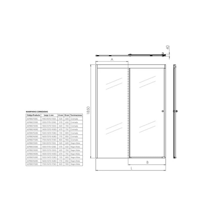 Mampara Corredera 185x110 cm Ajustable ±3 cm Cromado