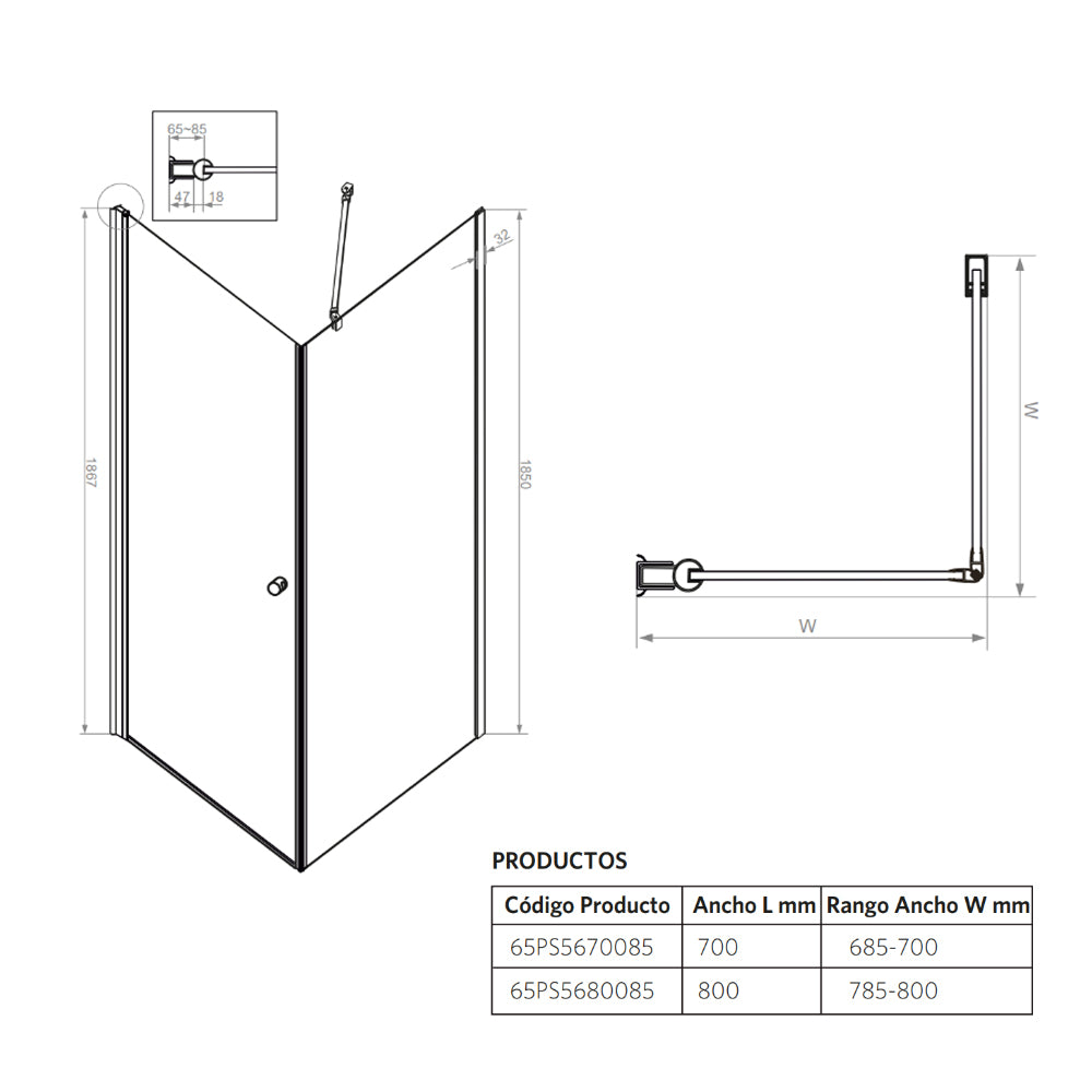 Mampara Esquinera 70x70x185 cm Puerta Abatible