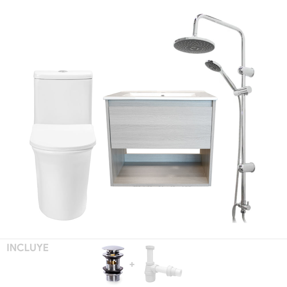 Pack Baño Navarra | Mueble Vanitorio Albayalde + Sanitario + Columna Ducha