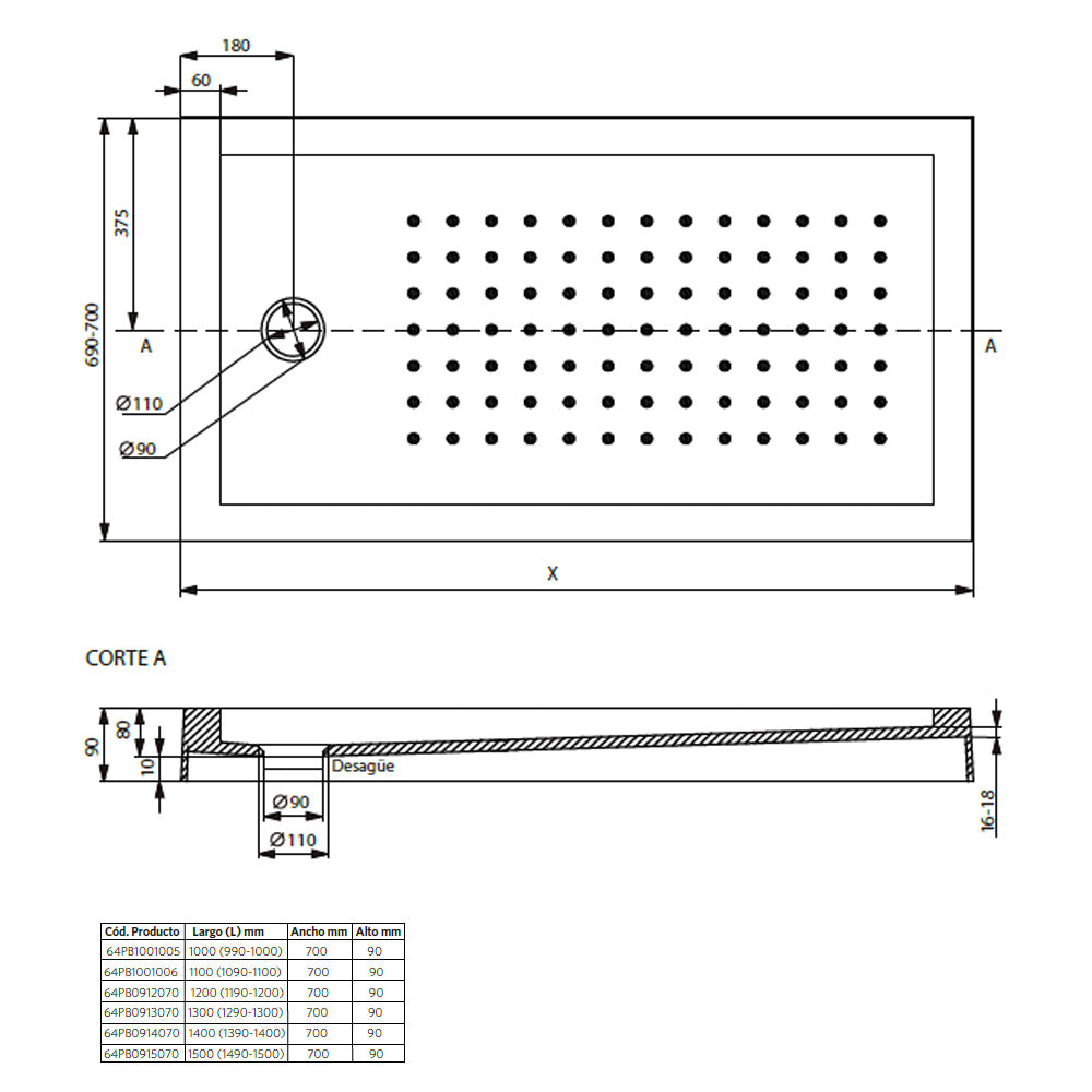 Receptáculo de Ducha con Desague y Soporte 70x9 cm