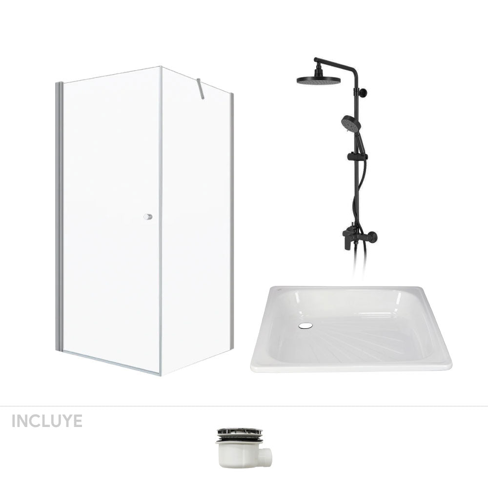 Pack Baño Baeza | Mampara 80x80 + Receptáculo + Columna Ducha Negro Mate