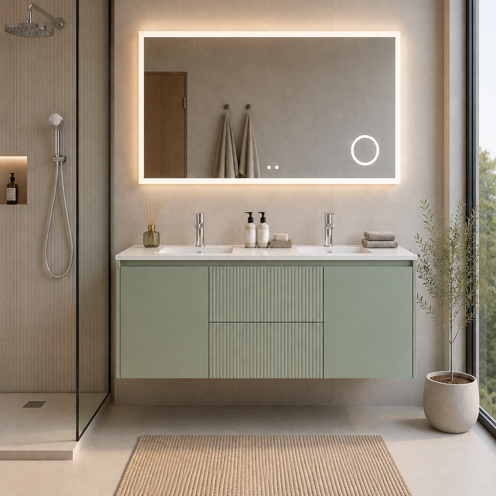 Pack Baño Cartagena | Mueble Vanitorio Doble Sage Green + Griferías Lavamanos + Espejo Led