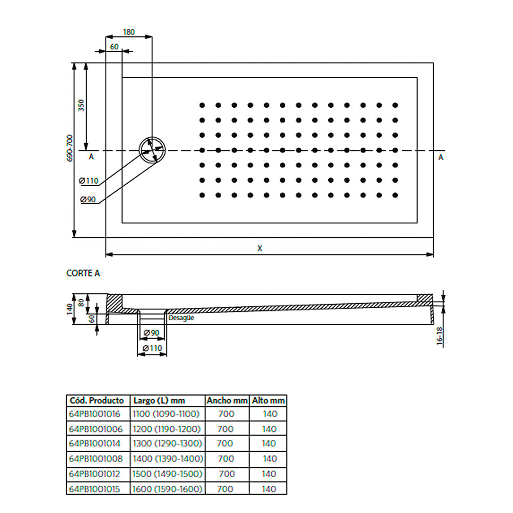 Receptáculo De Ducha Acrílico Con Desagüe 70x14 cm