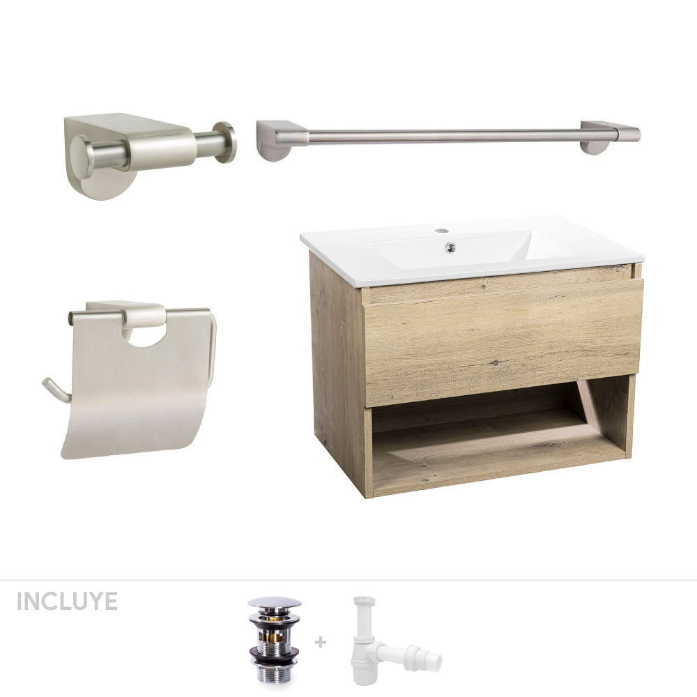 Pack Baño Castellón | Mueble Vanitorio Nogal + Accesorios