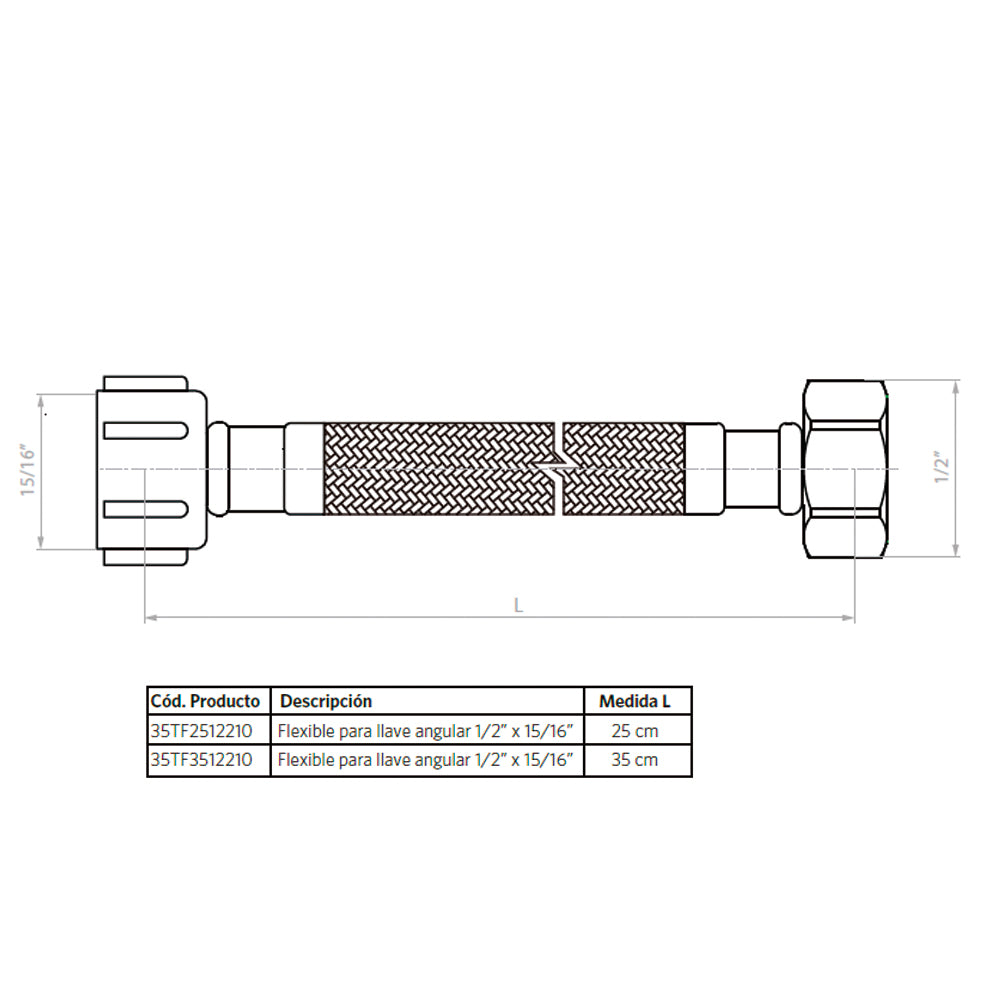 Flexible para llave angular 35 cm 1/2 HI X 15/16 HI