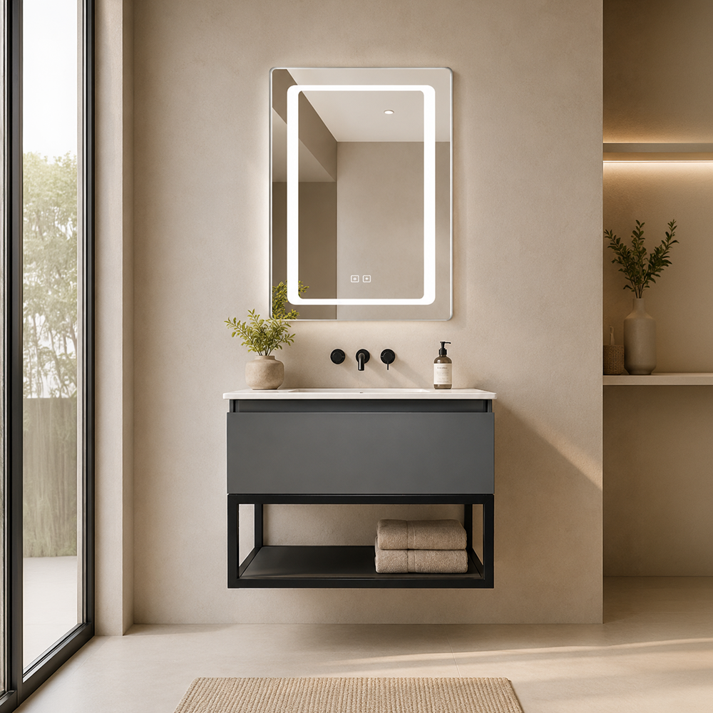 Pack Baño Pedraza | Mueble Vanitorio Gris Grafito + Espejo Led